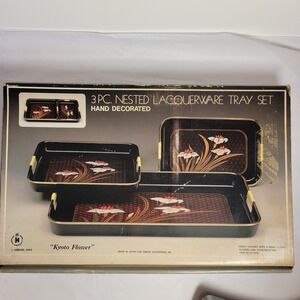 VTG Japanese Nesting Tray Set 3pc Himark Kyoto Flower Lacquerware Black Gold